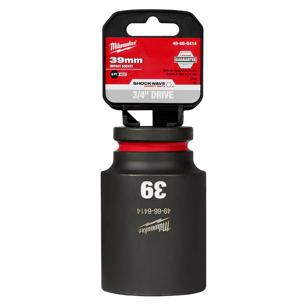 Milwaukee Shockwave Impact Duty 39MM deep 6-point socket with 3/4" drive and red band collar on black body.