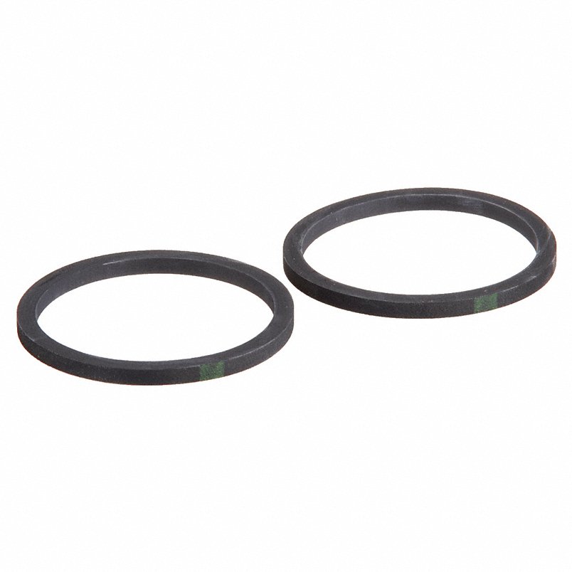 Two dark gray rubber circular gaskets with flat profiles displayed side by side.
