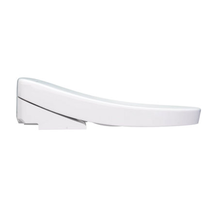 White elongated toilet seat with integrated bidet functionality and remote control attachment point.
