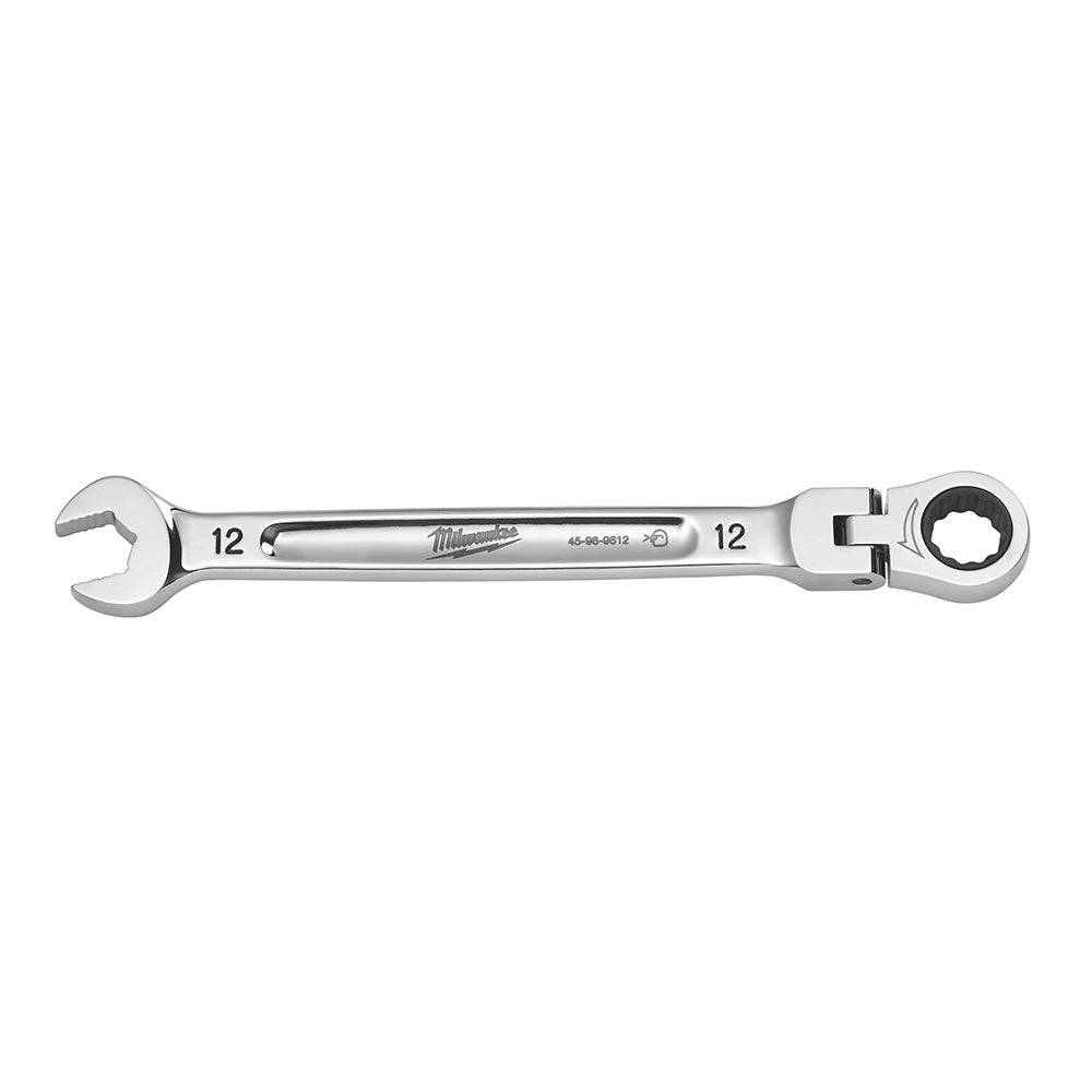 Milwaukee 12mm flex head ratcheting combination wrench with open end and ratchet socket end.