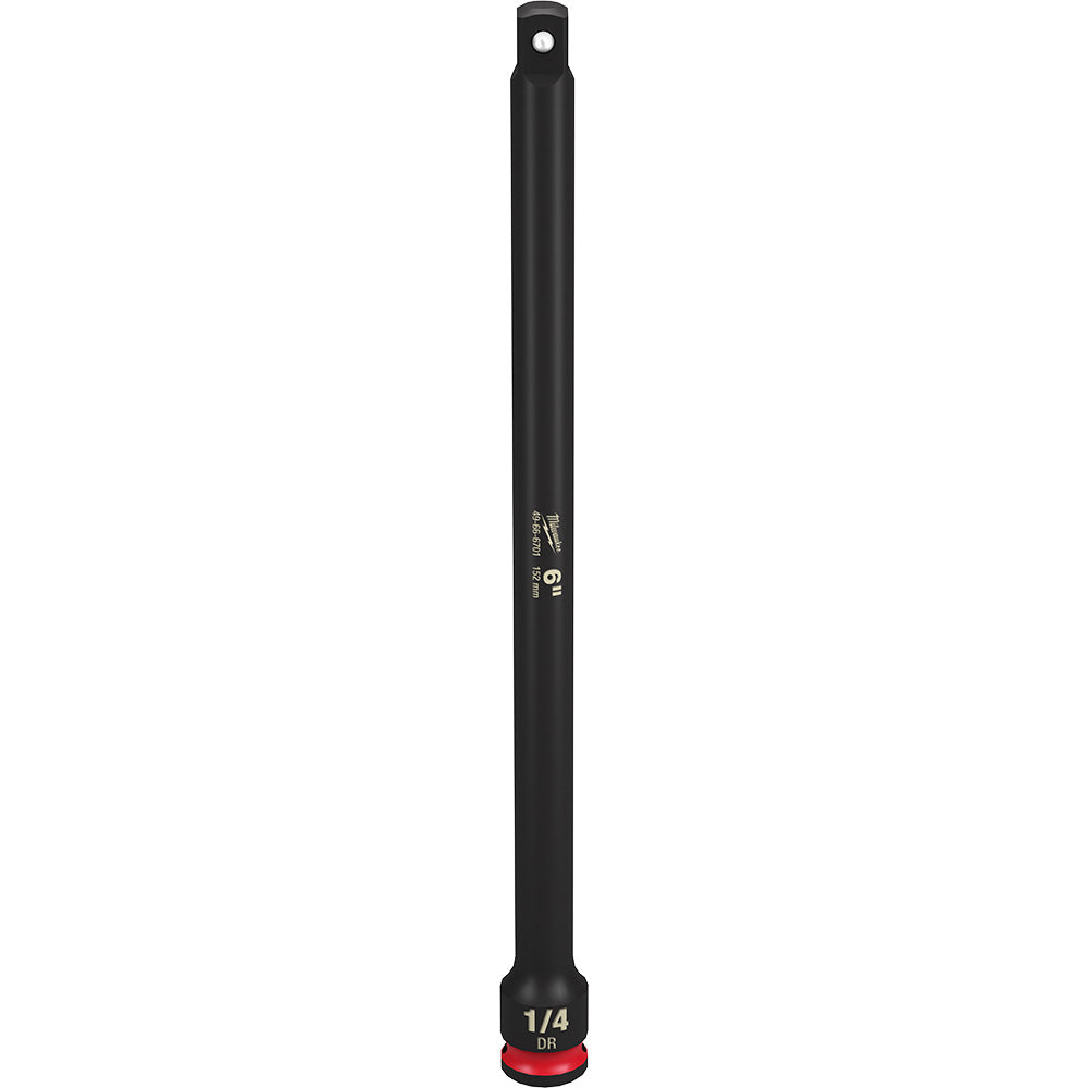 Black Milwaukee 1/4" drive socket extension with red grip collar at base and white markings on shaft.