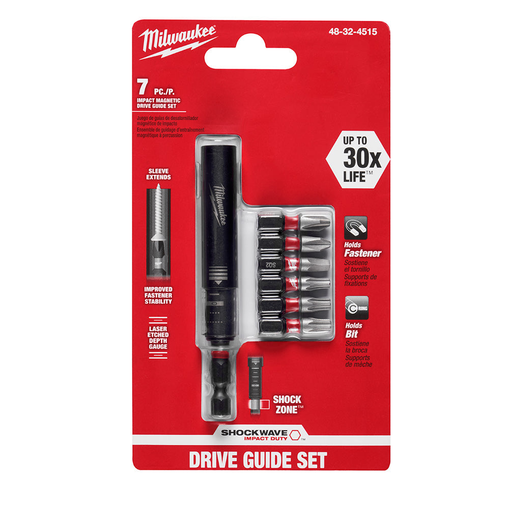 Milwaukee Shockwave 7-piece impact magnetic drive guide set with black handle, red and black bits, and sleeve extender on red