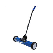 Blue and black magnetic sweep with 24-inch wide head, black handle with blue grip, and two wheels.
