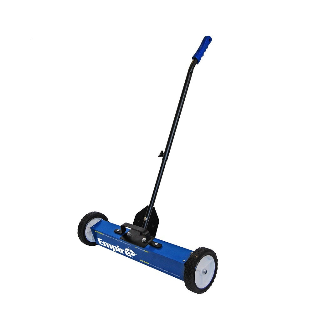 Blue and black magnetic sweep with 24-inch wide head, black handle with blue grip, and two wheels.