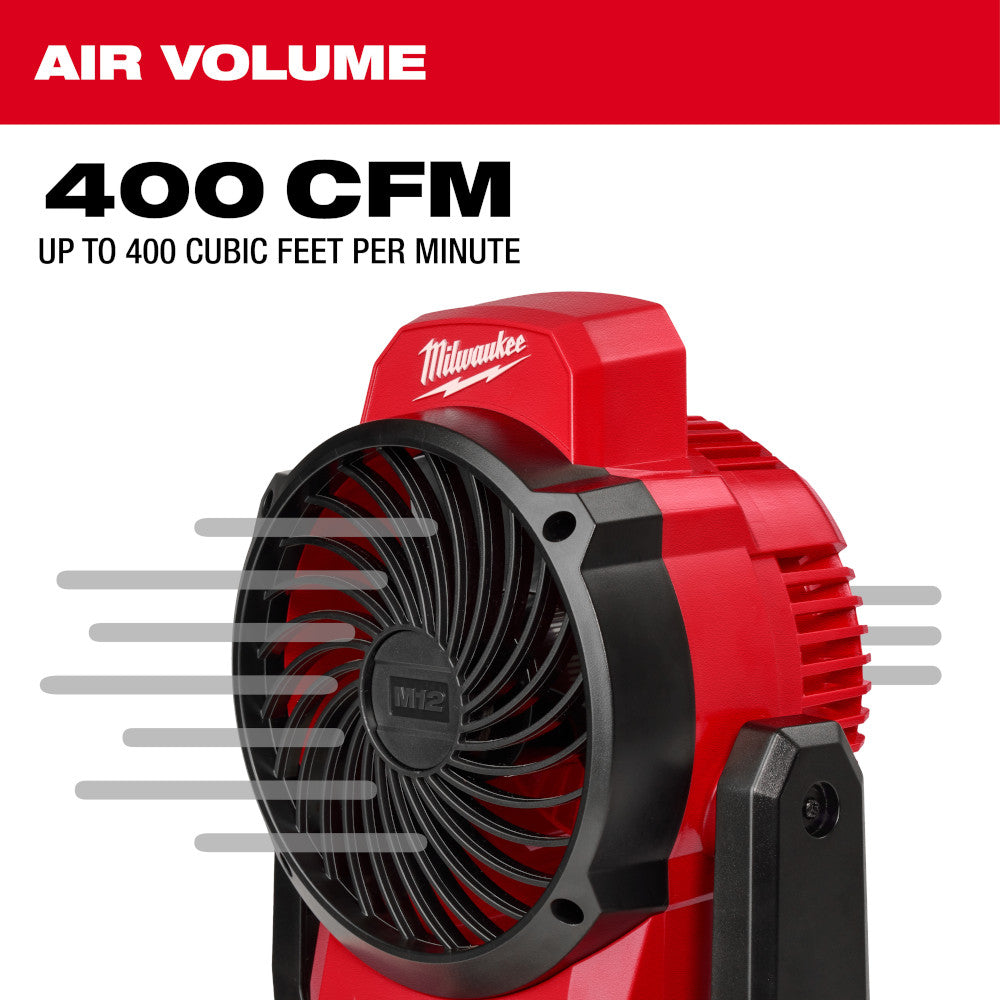 Red and black Milwaukee M12 mounting fan with black spiral blade grille and airflow indicators showing 400 CFM capacity.