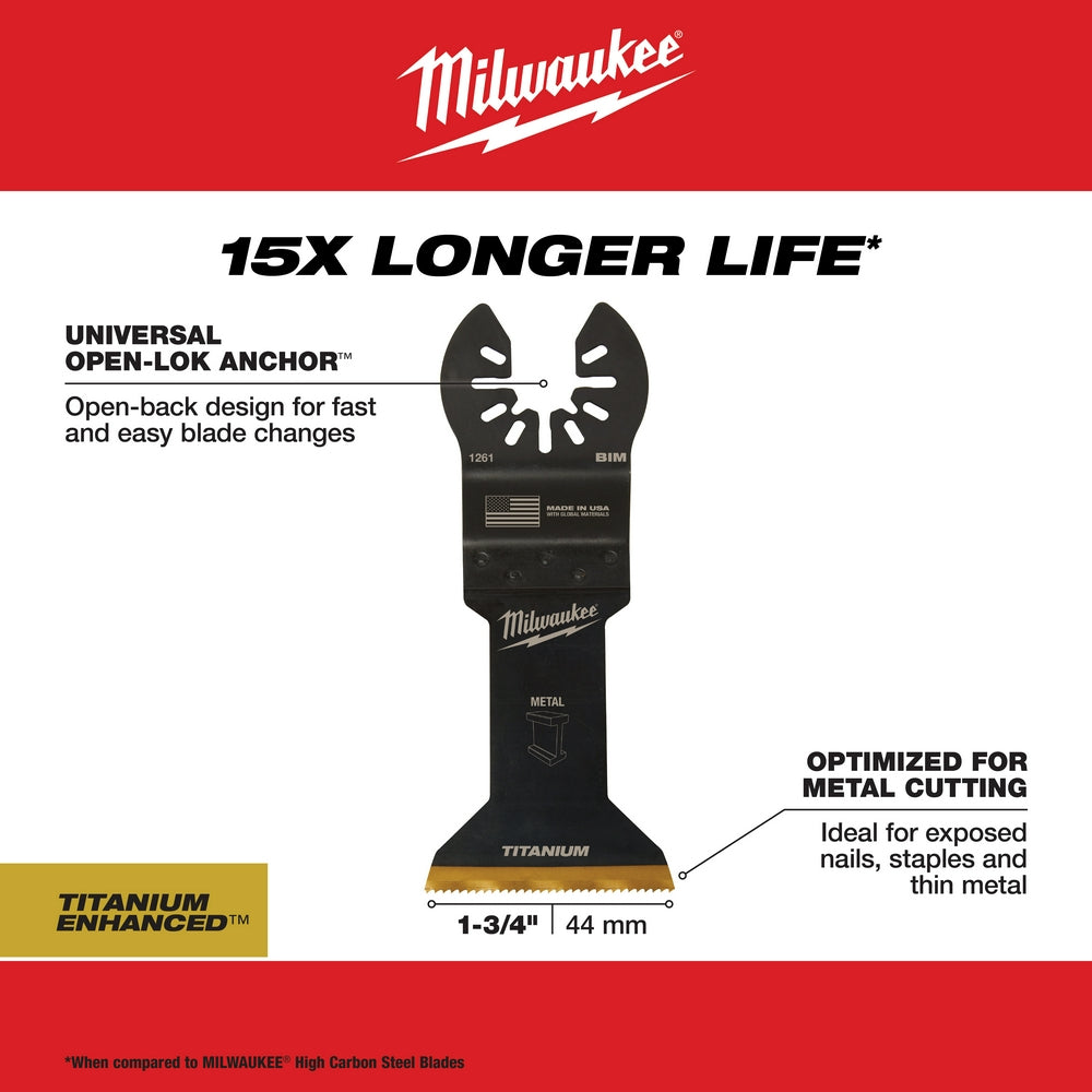 Black Milwaukee OPEN-LOK bi-metal oscillating blade with titanium coating, 1-3/4" width, shown with open-back anchor design f