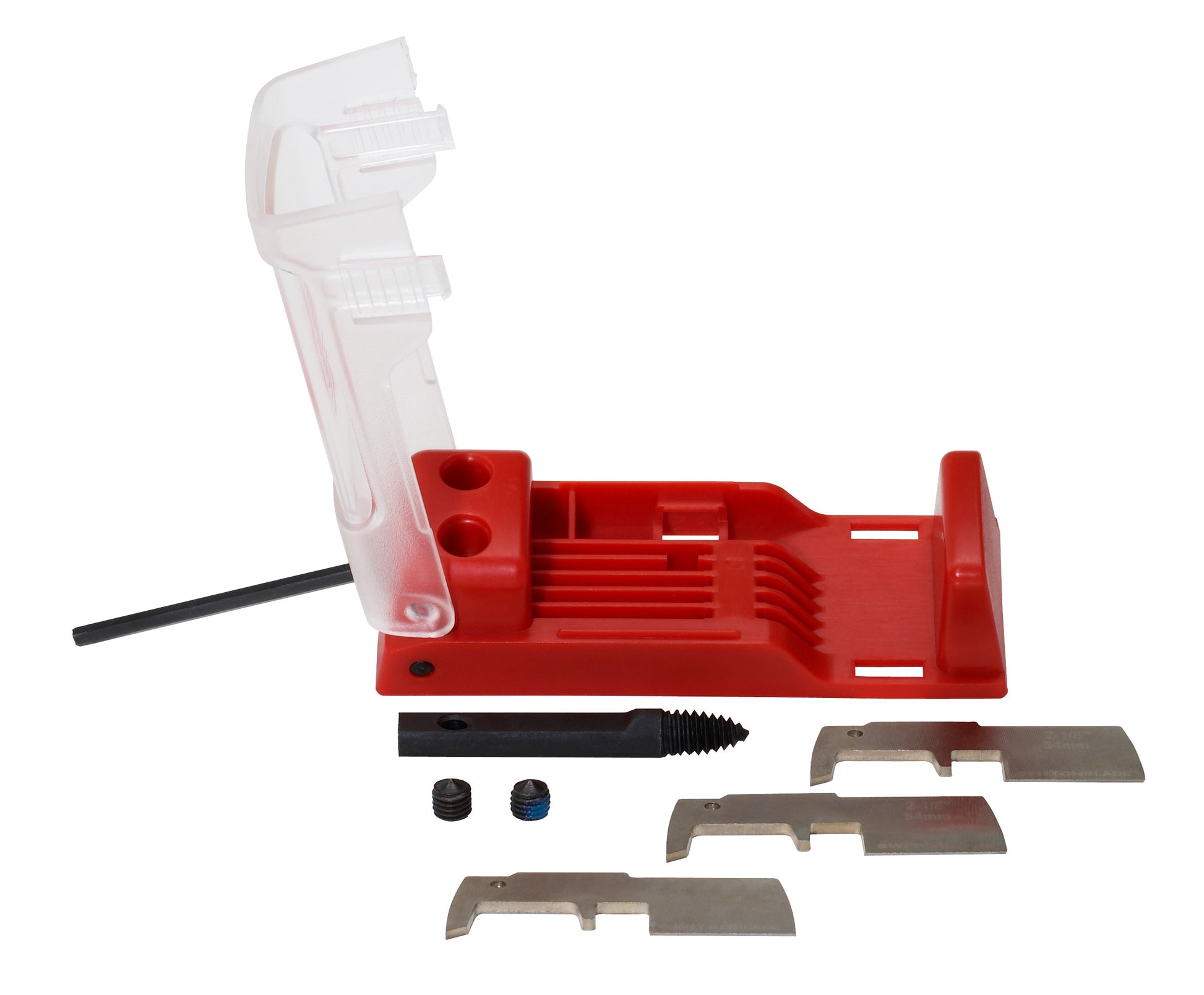 Red and clear plastic holder with three metal replacement blades, fasteners, and black tube component displayed.