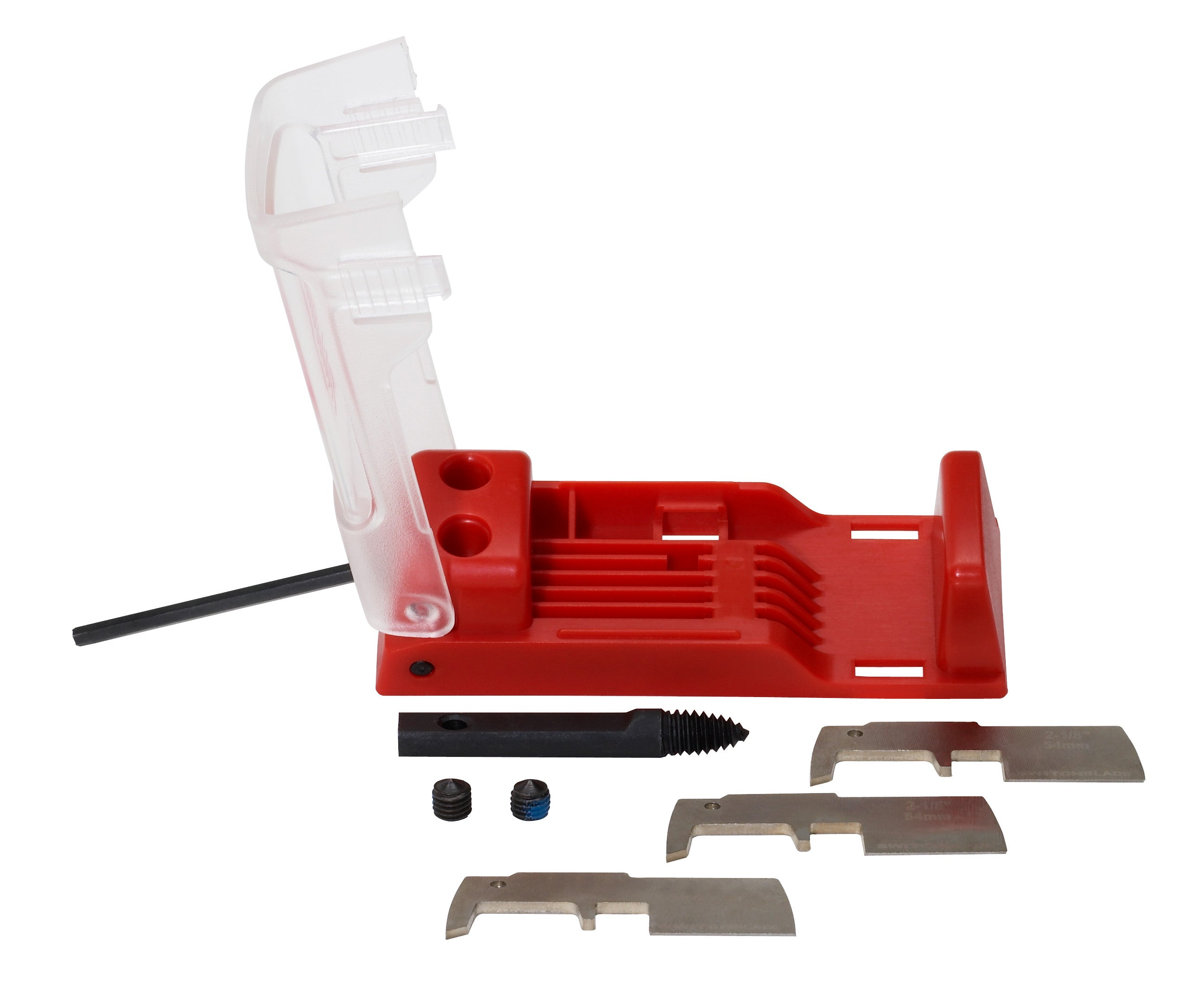 Red and clear plastic holder with three metal replacement blades, fasteners, and black tube component displayed.
