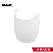 Five clear protective face shield lenses with mounting clips for no-brim helmets.