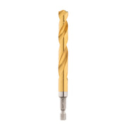 Gold titanium-coated drill bit with twisted flutes and hex shank against white background.