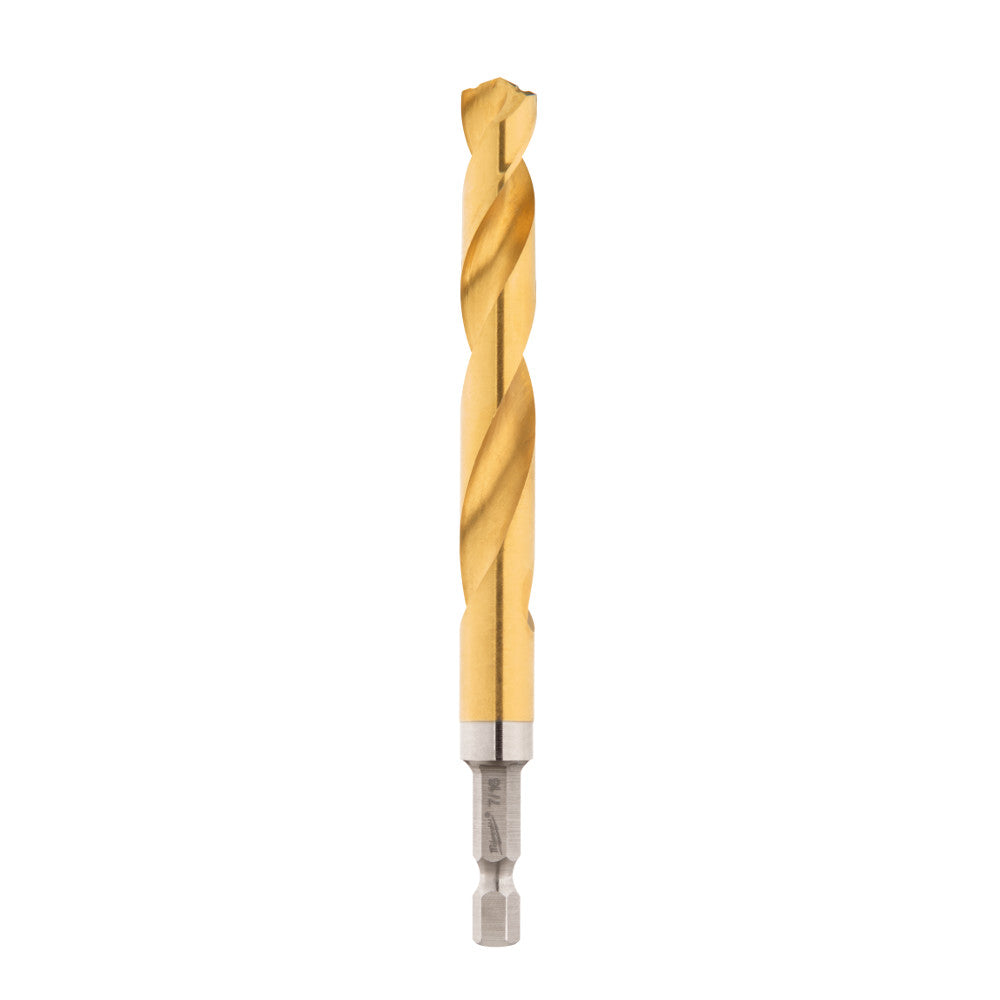 Gold-coated titanium twist drill bit with hexagonal quick-change shank and pointed tip.