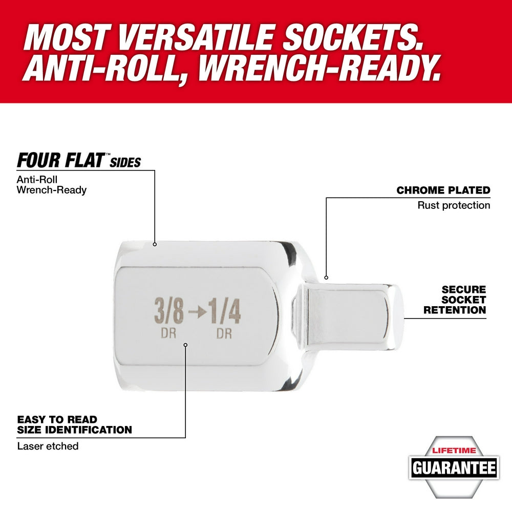 Chrome-plated 3/8" drive adapter with 3/8"F to 1/2"M connections and four flat sides for wrench grip.