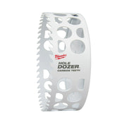 White cylindrical hole saw with carbide teeth edges and multiple ventilation holes around the body.