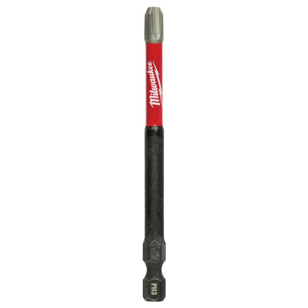 Two Milwaukee Shockwave PH3 impact bits with red sleeves and black hex shanks.