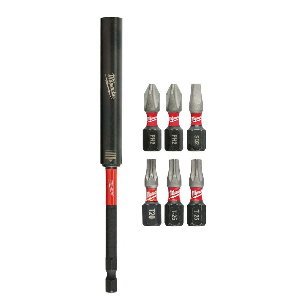 Milwaukee Shockwave 7-piece impact driver guide set with magnetic drive holder and six labeled bits in various sizes.