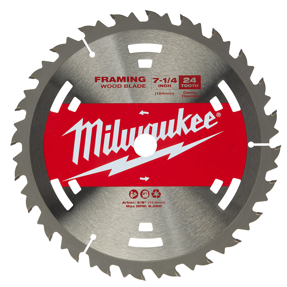 Milwaukee 7-1/4 inch circular saw blade with 24 teeth and red band, designed for framing wood cuts.