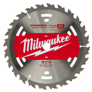 Milwaukee 7-1/4 inch circular saw blade with 24 teeth and red band, designed for framing wood cuts.