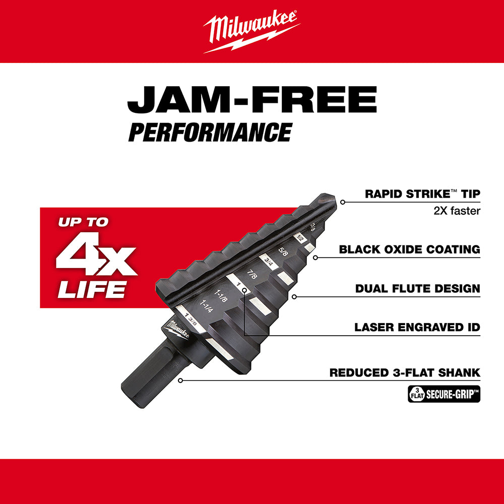 Milwaukee step drill bit with black oxide coating, Rapid Strike tip, dual flute design, and reduced 3-flat shank displayed ag