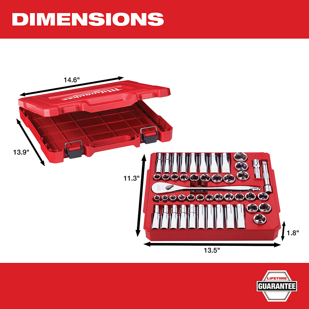 Red Milwaukee socket wrench set in open carrying case showing organized sockets, ratchet, and extensions with dimensions labe