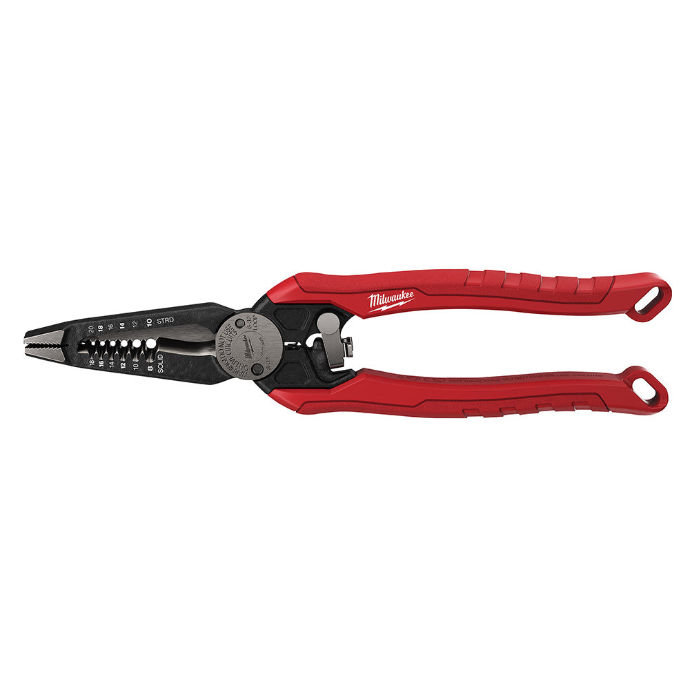 Milwaukee combination pliers with red handles, black jaw head, and multiple integrated tool features.
