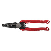 Milwaukee combination pliers with red handles, black jaw head, and multiple integrated tool features.