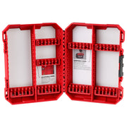 Red plastic case with two hinged doors open, showing multiple removable rows and adjustable compartments for storing accessor