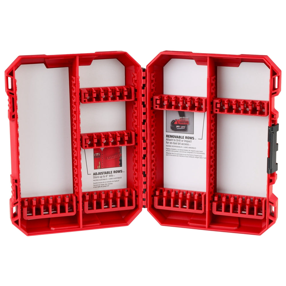 Red plastic case with two hinged doors open, showing multiple removable rows and adjustable compartments for storing accessor