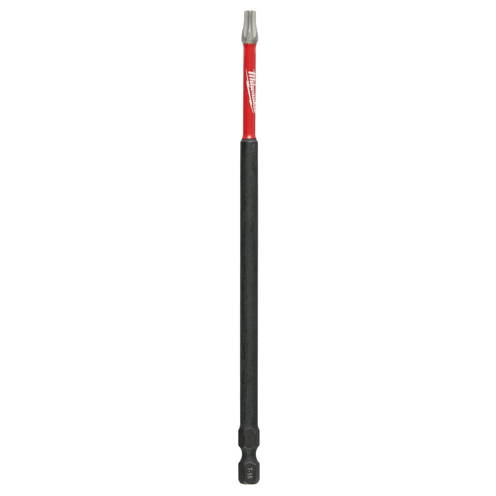 Milwaukee Shockwave T15 Torx impact driver bit with red and black shaft and gray tip.