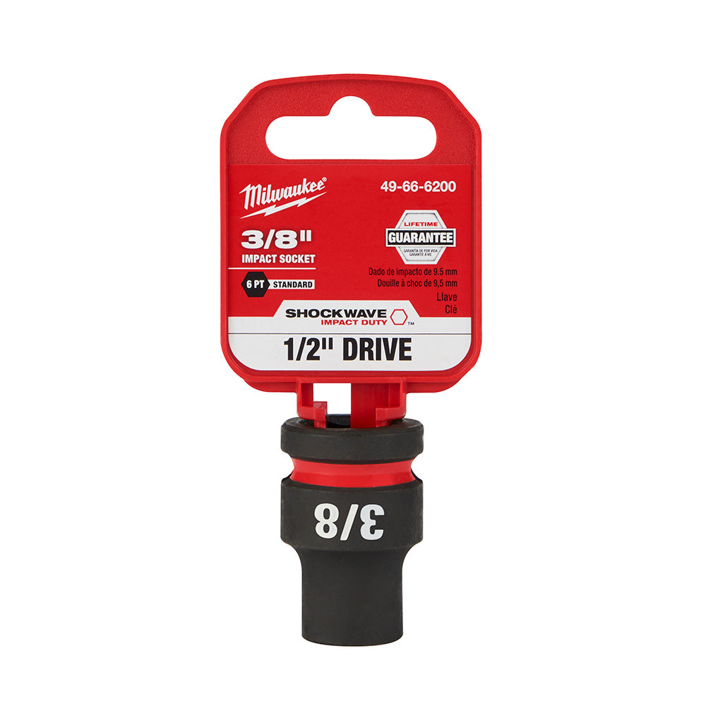 Milwaukee Shockwave 3/8" impact socket with 1/2" drive and 6-point standard design on red packaging.