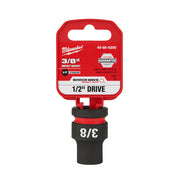 Milwaukee Shockwave 3/8" impact socket with 1/2" drive and 6-point standard design on red packaging.