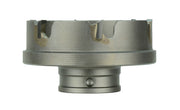 Gray metal sheet metal cutter with carbide teeth and quick change connector base.