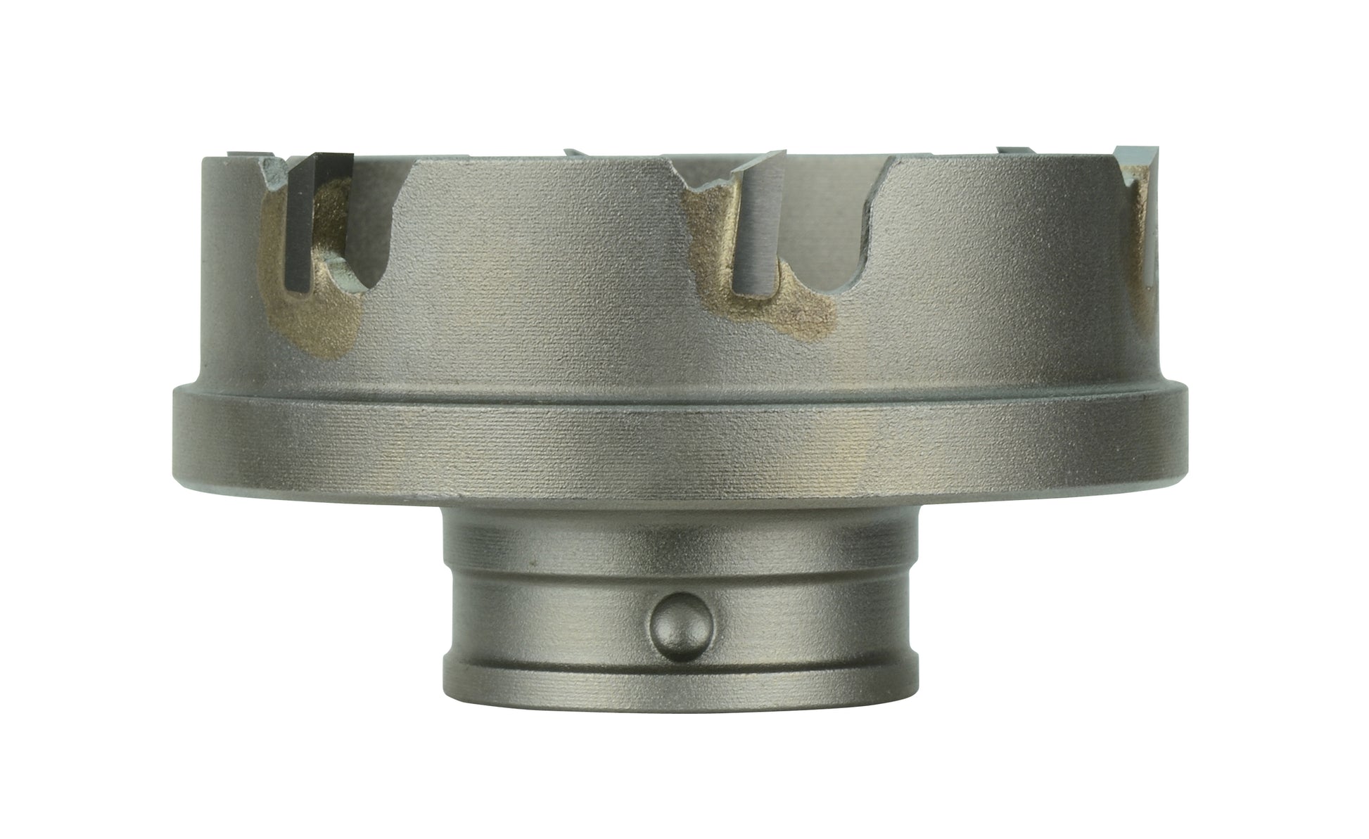 Gray metal sheet metal cutter with carbide teeth and quick change connector base.