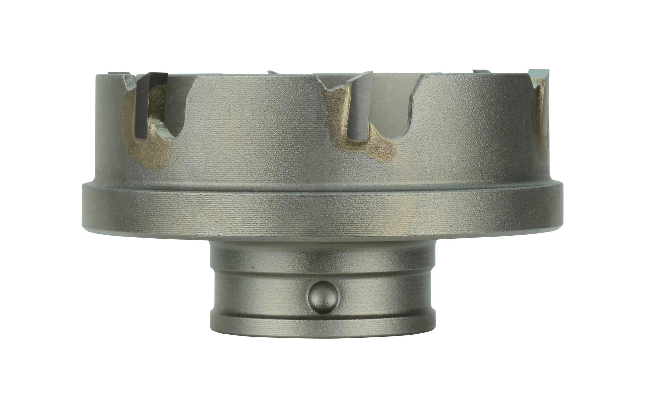 Gray metal sheet metal cutter with carbide teeth and quick change connector base.