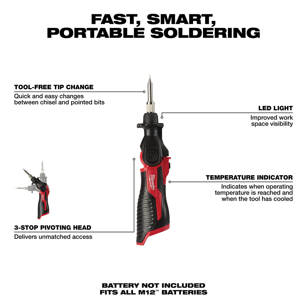 Milwaukee M12 cordless soldering iron with red and black body, pivoting head, LED light, and interchangeable tips.