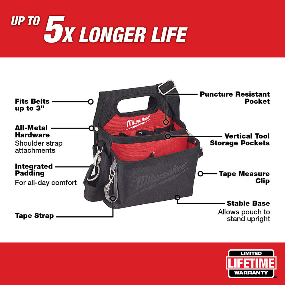 Black and red electrician work pouch with multiple storage pockets, metal hardware, and shoulder strap attachments.
