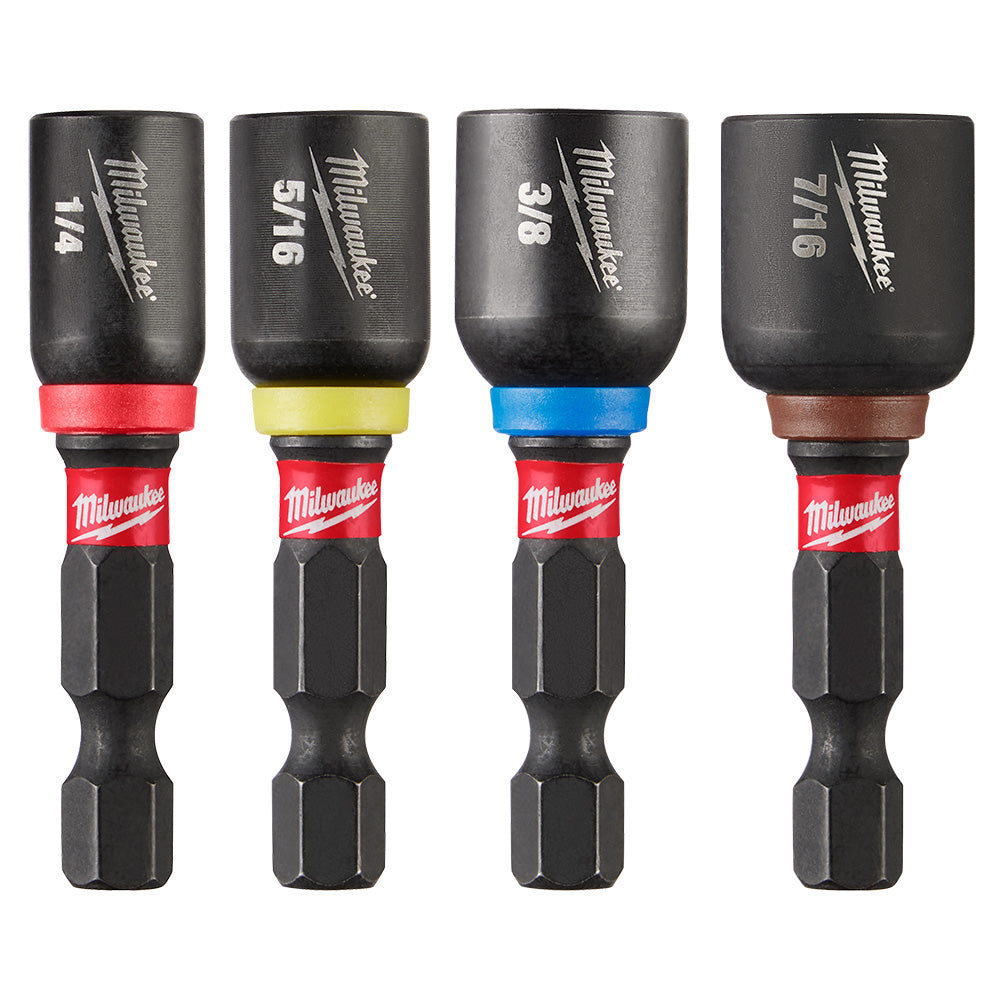 Four Milwaukee magnetic nut drivers with black sockets labeled 1/4, 5/16, 3/8, and 7/16 with color-coded bands and hex bit sh