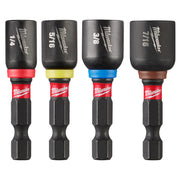 Four Milwaukee magnetic nut drivers with black sockets labeled 1/4, 5/16, 3/8, and 7/16 with color-coded bands and hex bit sh