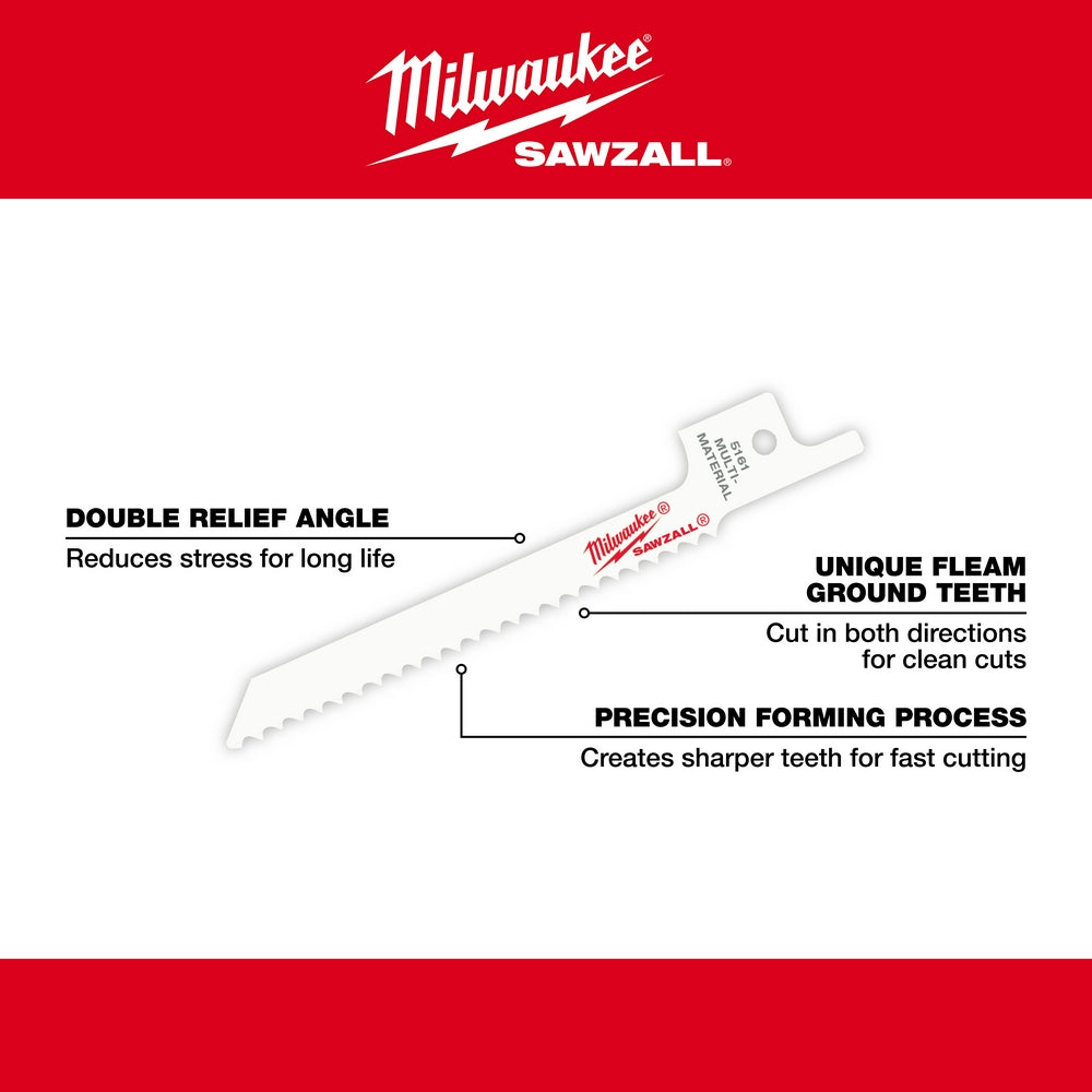 Milwaukee SAWZALL blade with serrated teeth, angled mounting end, and labeled features including double relief angle and flea