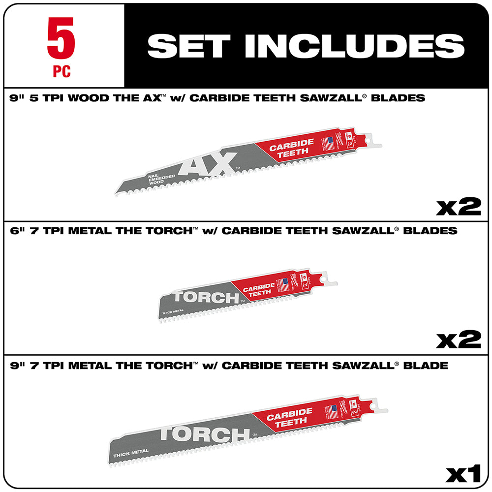Five-piece SAWZALL blade set with carbide teeth including two 9" wood blades, two 6" metal blades, and one 9" metal blade.