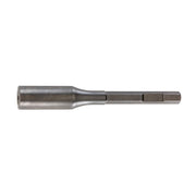 Steel ground rod driver with cylindrical head and tapered shaft with hex drive end.