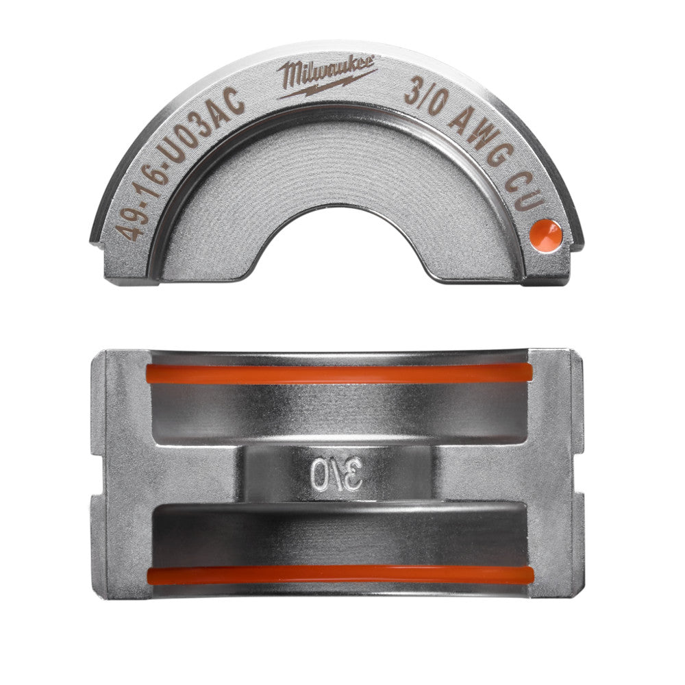 Milwaukee 3/0 copper U-style die with model number 49-16-U03AC shown from top and bottom views.