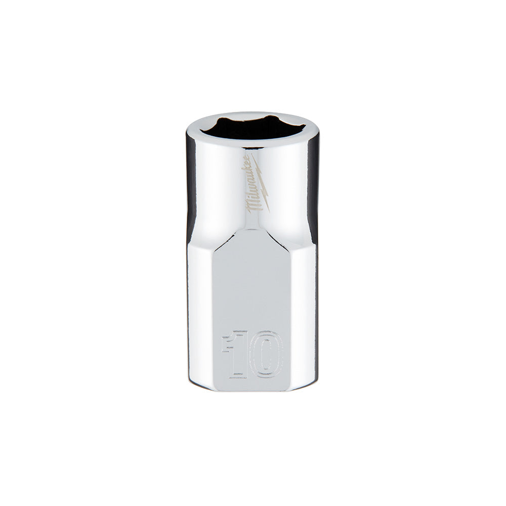 Chrome 3/8 inch drive socket with 6-point opening and 10mm marking on body.