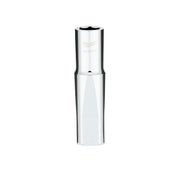 Silver metal 1/2 inch drive deep socket with six-point opening and four flat sides on exterior.