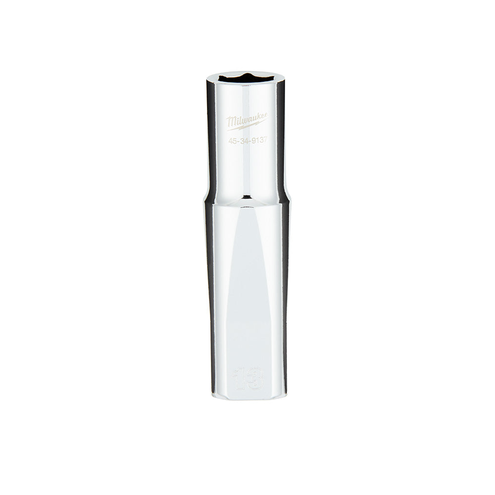 Silver metal 1/2 inch drive deep socket with six-point opening and four flat sides on exterior.