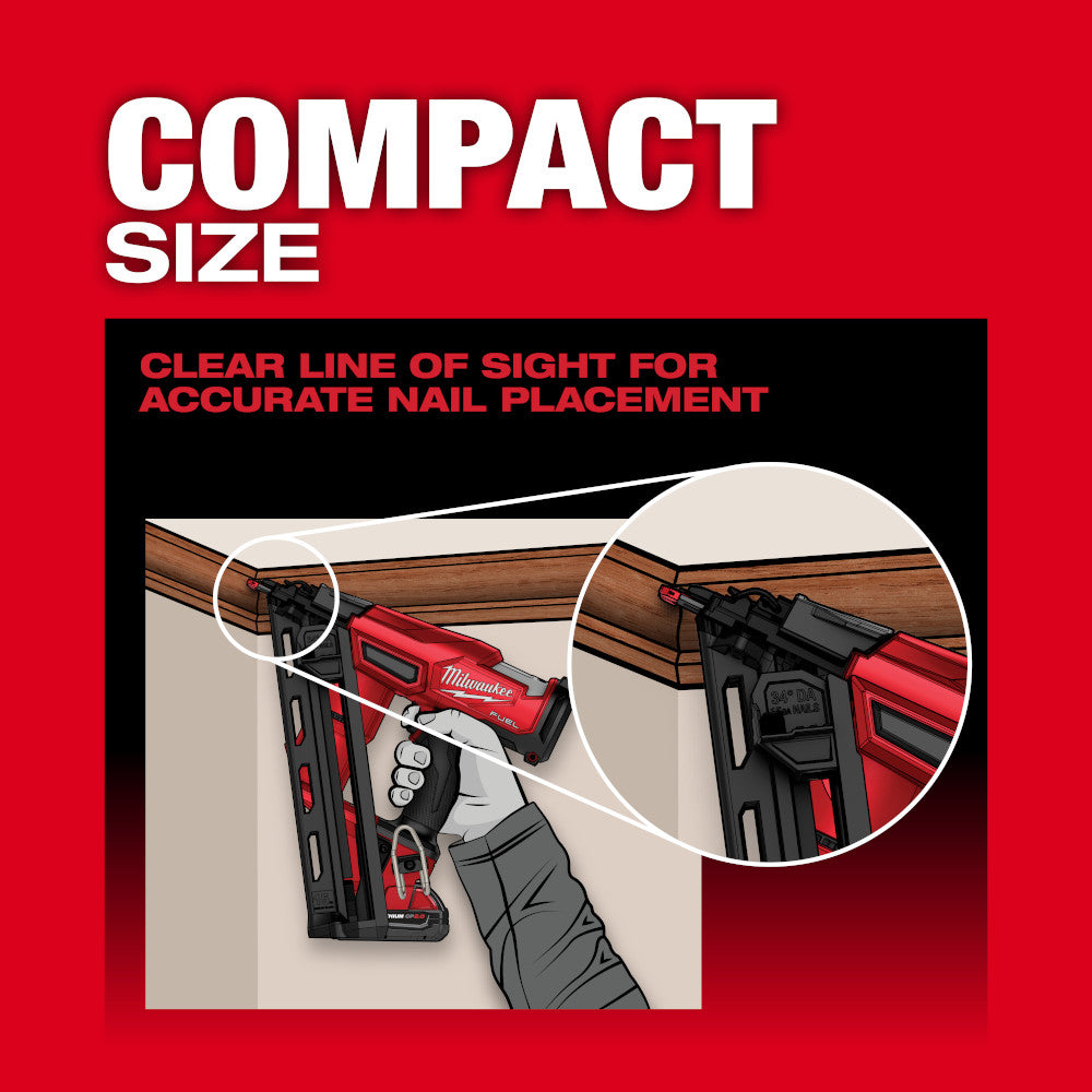 Black and red finish nailer being used to drive nails into wood trim with clear line of sight shown.
