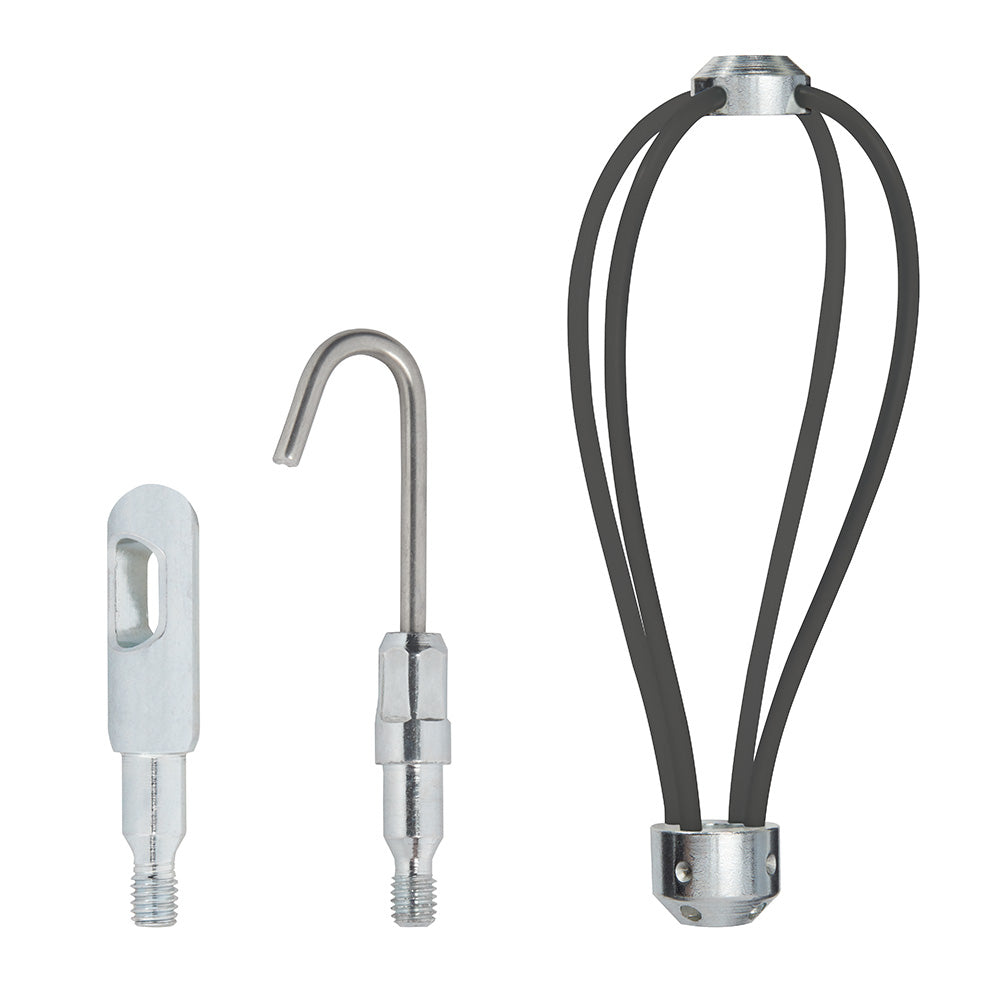 Three metal fish stick accessories: small eyelet attachment, curved hook tool, and black cage-style retrieval basket.