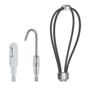 Three metal fish stick accessories: small eyelet attachment, curved hook tool, and black cage-style retrieval basket.