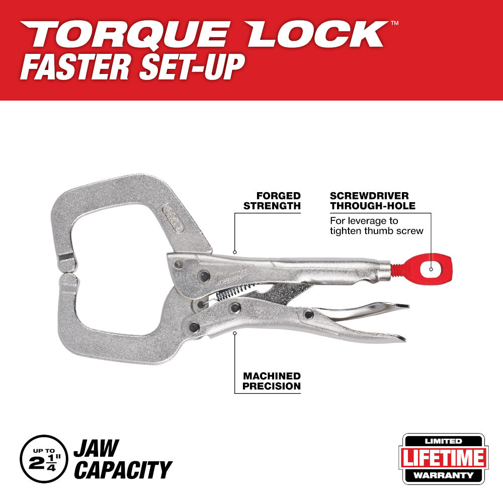 Milwaukee 6-inch locking C-clamp with regular jaws, forged steel construction, and red thumb screw handle.
