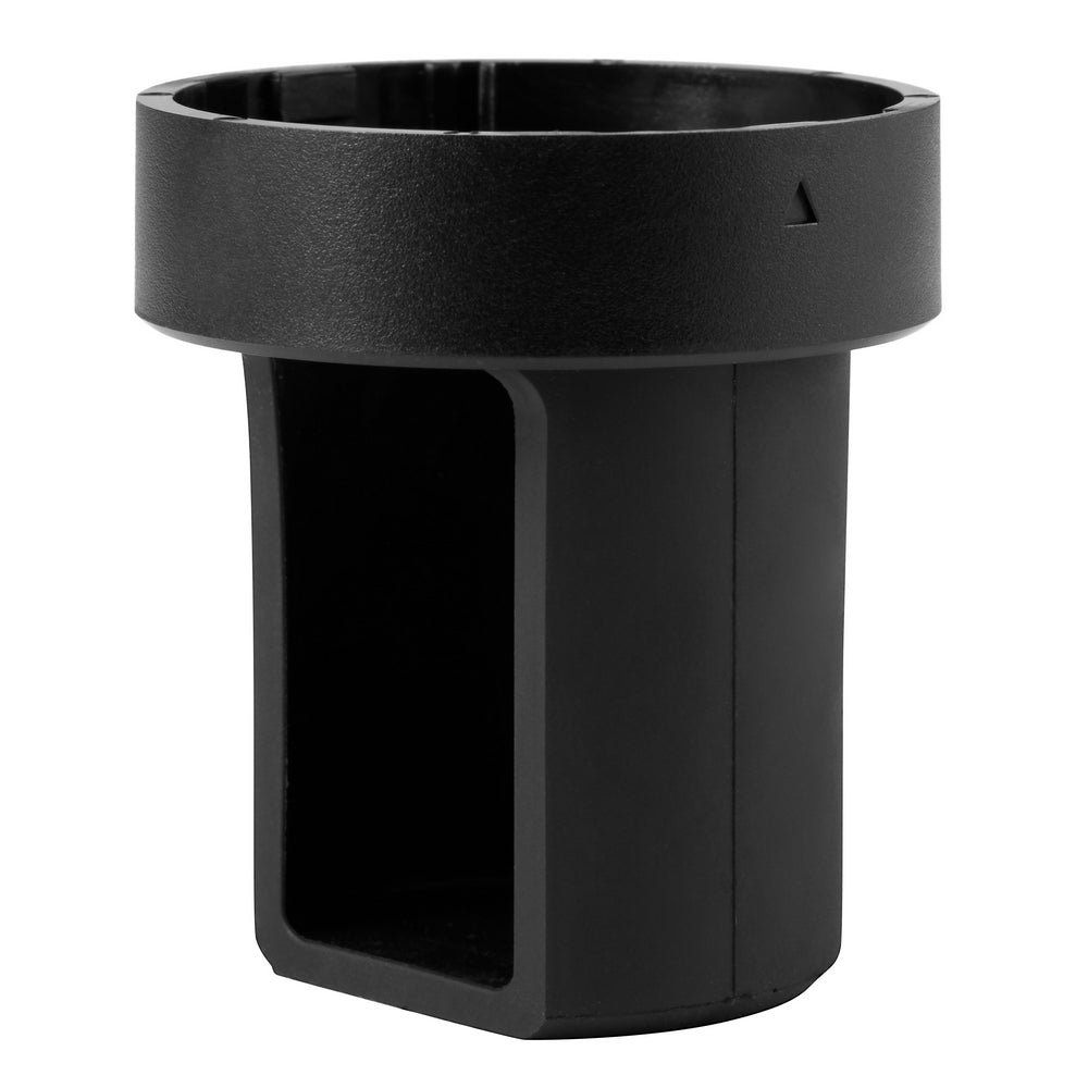 Black plastic mandrel stopper with wide flange top and rectangular slot opening on cylindrical body.