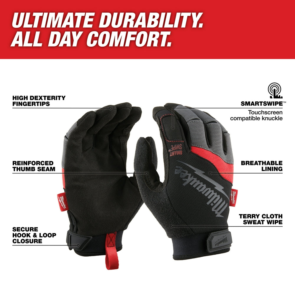 Black and red work gloves with reinforced fingertips, touchscreen-compatible knuckles, and hook-and-loop wrist closure.